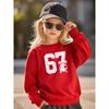 Kids Unisex Cream Crewneck Sweatshirt, Pink Floral 67 Number with Bow Print Long Sleeve Pullover, Casual Sweatshirt for Boys Girls Over 4 Years Old