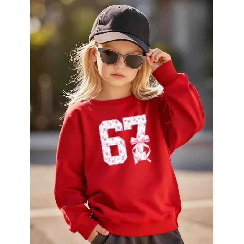 Kids Unisex Cream Crewneck Sweatshirt, Pink Floral 67 Number with Bow Print Long Sleeve Pullover, Casual Sweatshirt for Boys Girls Over 4 Years Old