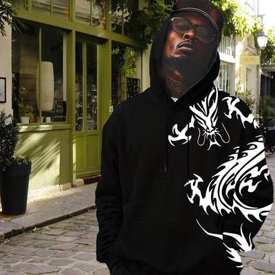 Sonbahar Yeni 3D Siyah ve Beyaz Gizemli Ejderha Baskılı Erkek İnce Kapüşonlu Sweatshirt Günlük, Rahat 3D Dijital Baskı Kapüşonlu Erkek