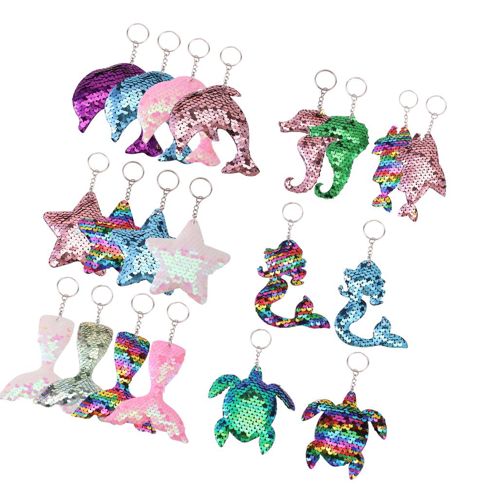 20 stuks Zeemeermin Pailletten Sleutelhangers, Sprankelende Flip Pailletten Oceaan-Thema Sleutelringen, Zeester Schildpad Visstaart Dier Vormen