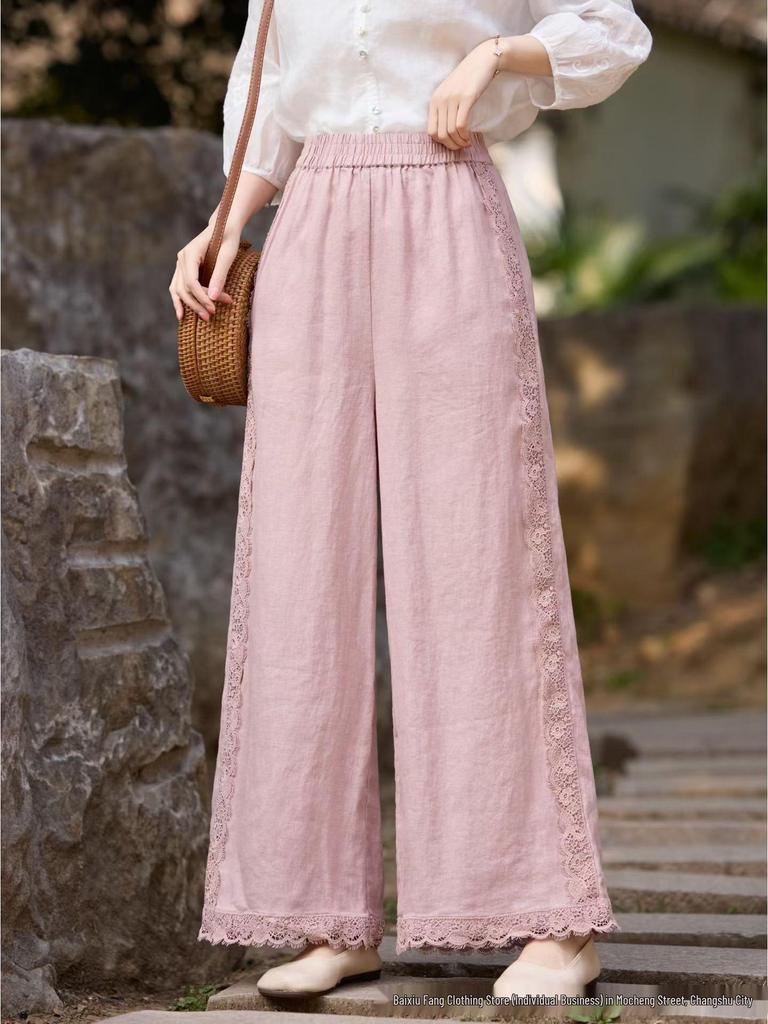 Women's Retro Wide-Leg Linen Pants - Elastic Waist, Lace Tie, Solid Color, Loose Fit
