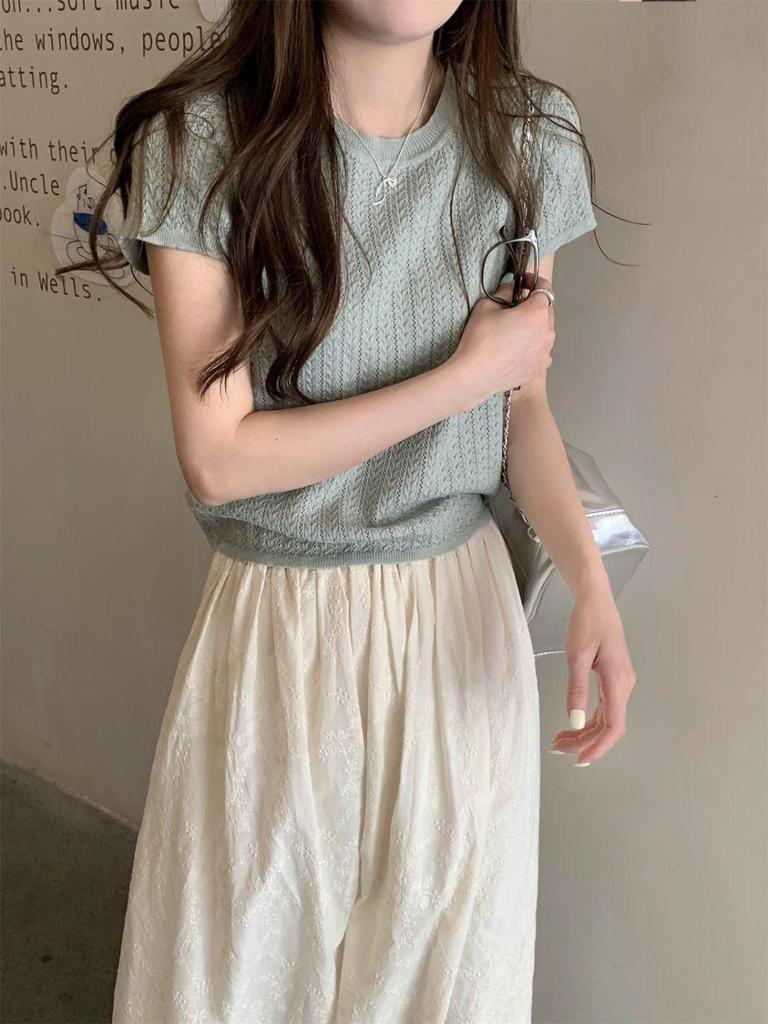 Korean Style Twist Hollow Knitted Short Sleeve Women's Spring/Summer 2025 Top
