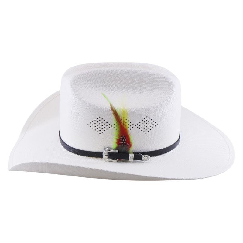 New Hot-selling White Western Cowboy Hat with Webbing Feather Decoration Breathable Sunshade Men's and Women's Party Top Hat