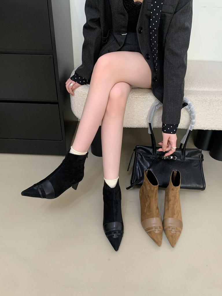 2025 French Suede Splicing Pointed Thick High-heeled Short Boots Women's Autumn and Winter New Fashionable Versatile Rear Zipper Short Boots