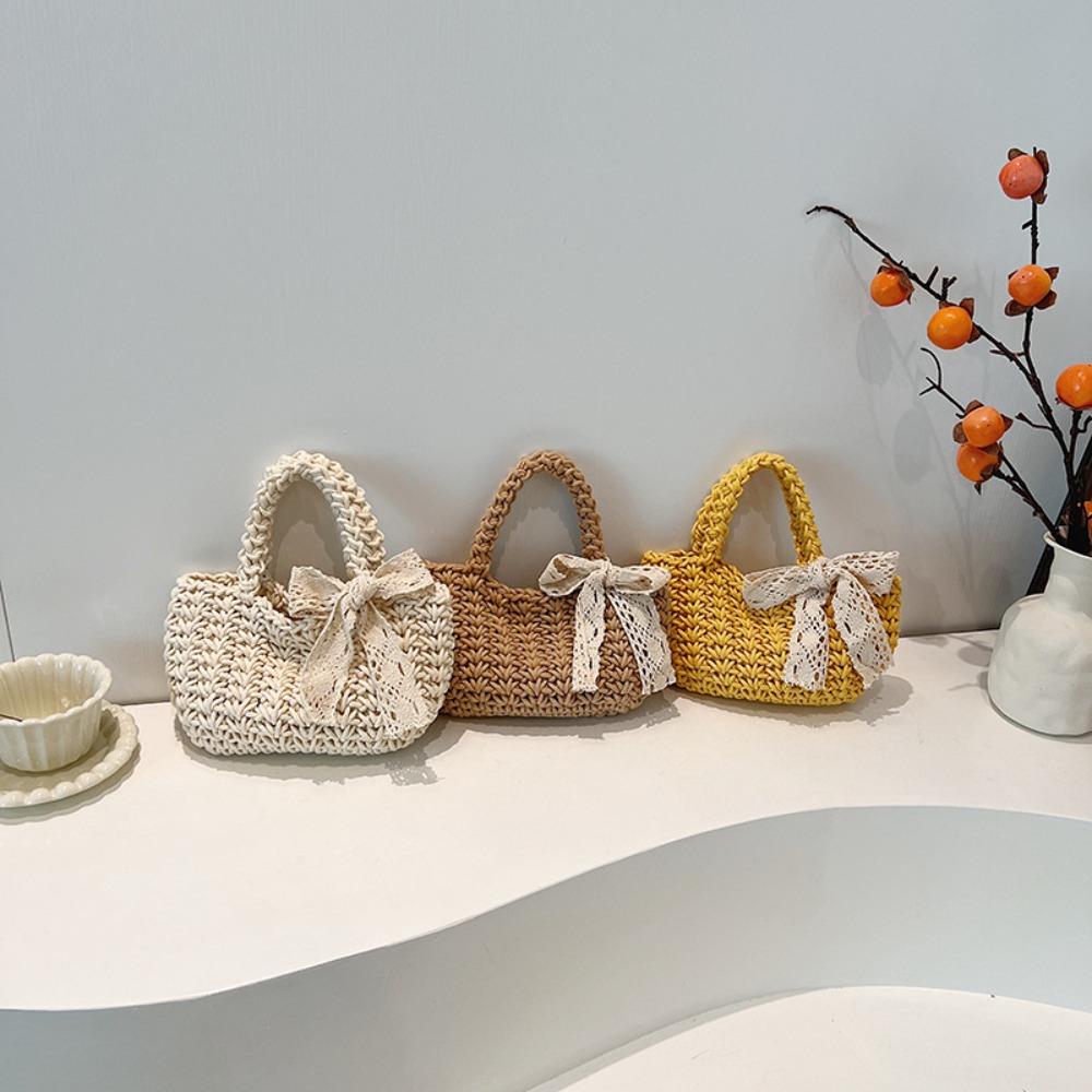 Lace Bowknot Beach Straw Bag Large Capacity Bucket Bag Trendy Braided Underarm Bag  Travel