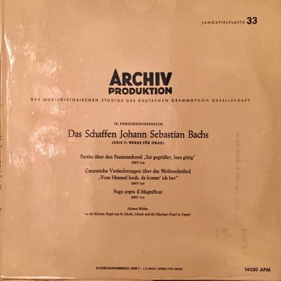 LP Record JOHANN SEBASTIAN BACH  HELMUT WALC  Partita Ber Den Passionschoral Se APM14030 Archiv Produkti 1961 German Dem Classical Used