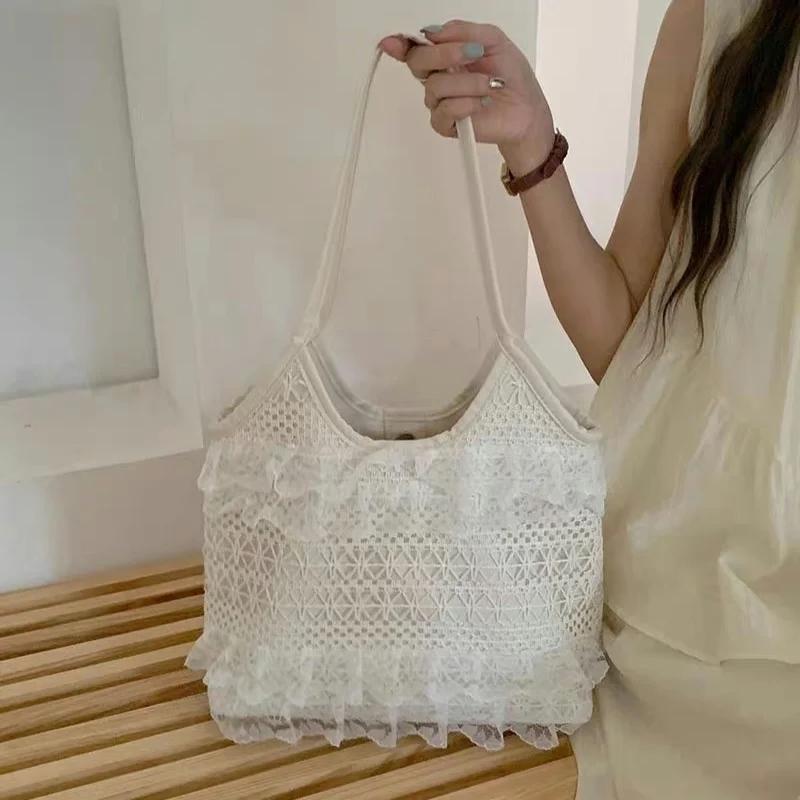 Summer Leisure Vacation Backpack Fairy Lace Shoulder Beach Bag Lace Mesh Tote Bag Underarm Shoulder Satchel Capacity Women's Bag