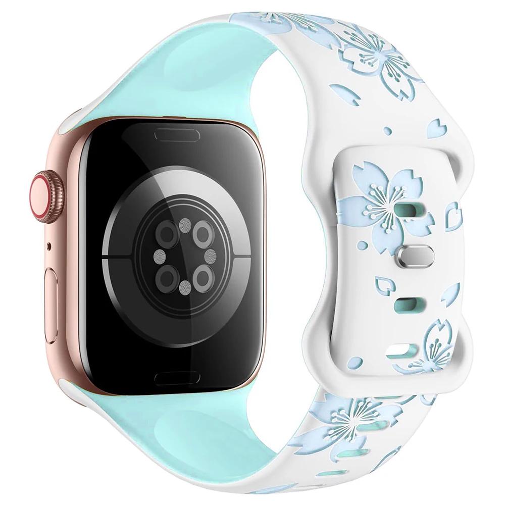 Silicone Band for Apple Watch Series 10 46mm 42mm Ultra2 49mm Two-Tone Engraved Floral Strap for iWatch 9 8 7 6 Se 41mm 45 40 44