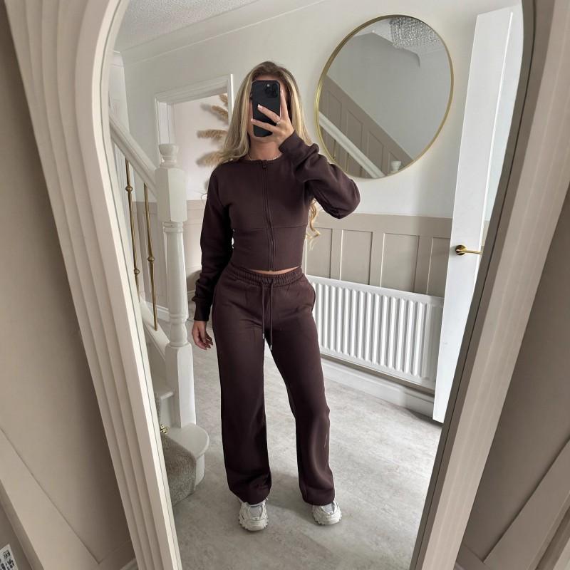 Womens Winter Casual Two-Piece Set Solid Color Zip-Up Top Straight Leg Pants Streetwear Outfit