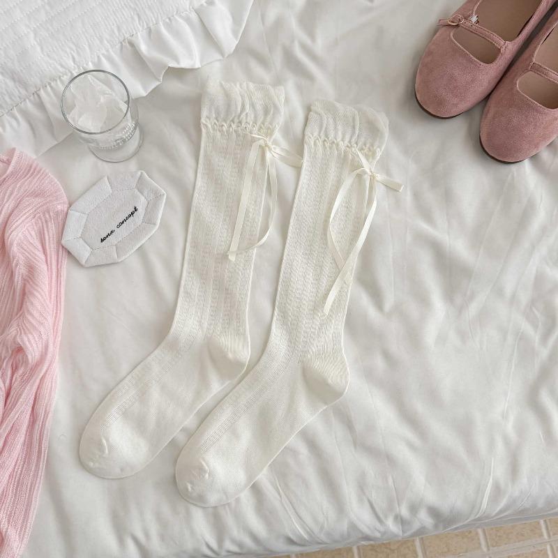 Spring and Summer Lightweight Ankle Socks for Women with A Bow At The Heel, Long Tube Socks In Ballet Style, Pure Cotton, Beautiful Leg Coverings