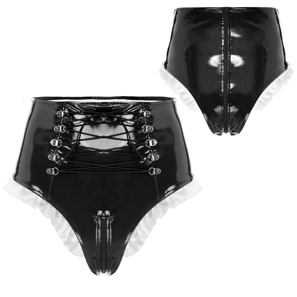 Γυναικείο γυαλιστερό λουστρίνι Frilly Maid Knickers με κορδόνια με φερμουάρ με καβάλο εσώρουχα για παιχνίδι ρόλων για νυχτερινό κέντρο διασκέδασης