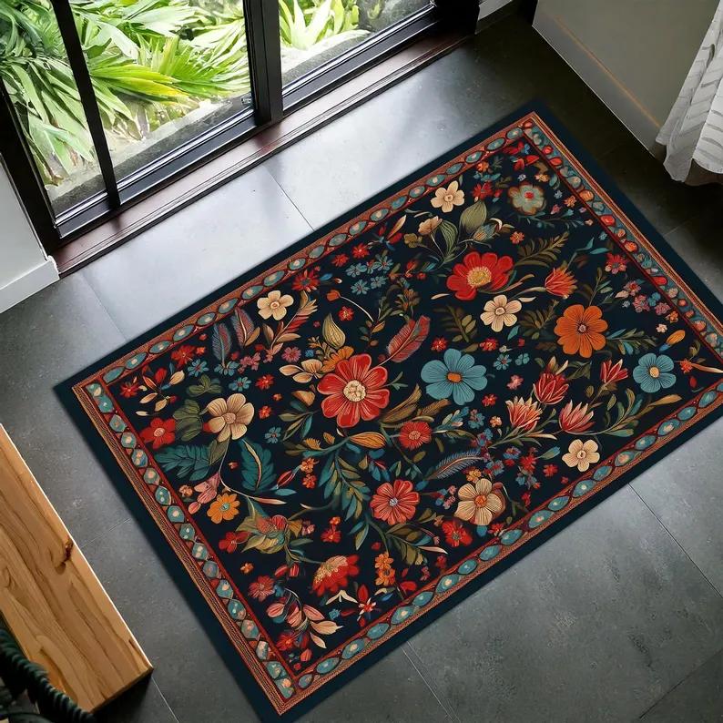 Colorful Floral Patterned Rug Dark Botanical Design Carpet Vibrant Garden Aesthetic Mat Bedroom Home Decoration