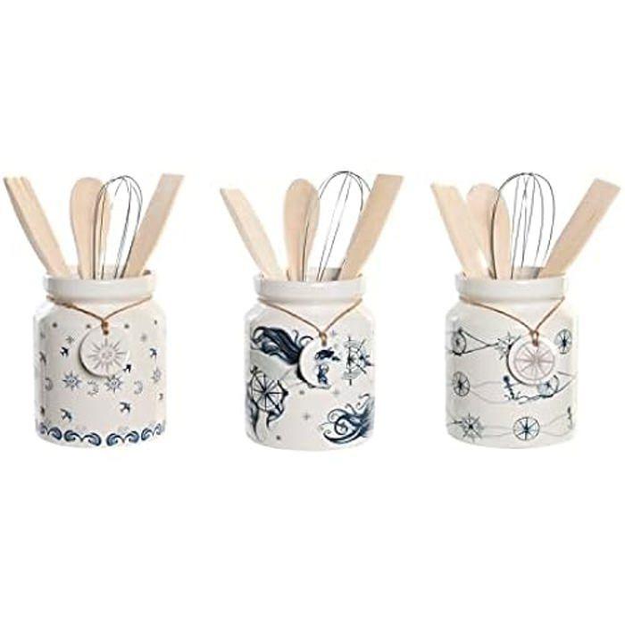 Pot à ustensiles de cuisine - DKD Home Decor - Estándar - Métal et bois MDF - Bleu et blanc