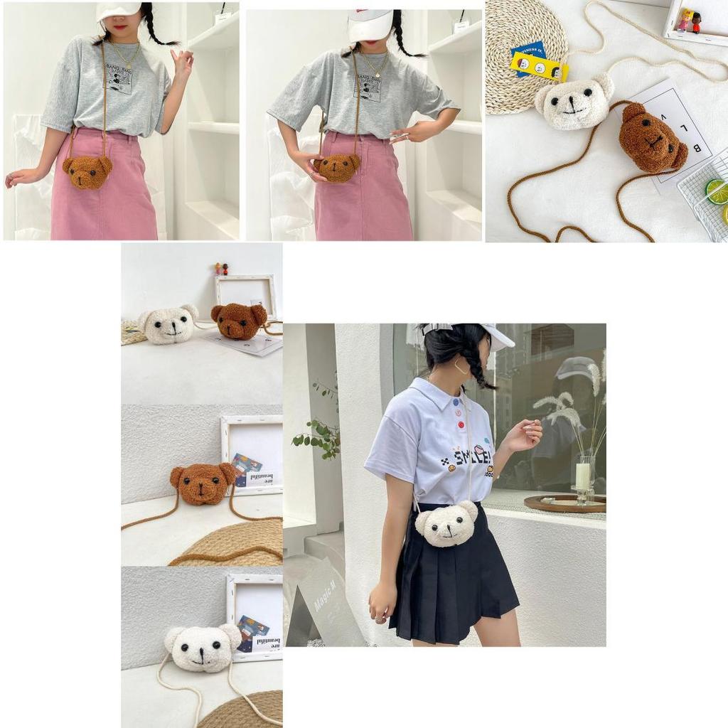 Cute Cartoon Bear Head Mini Crossbody Bag Plush Nylon Shoulder Bag For Students