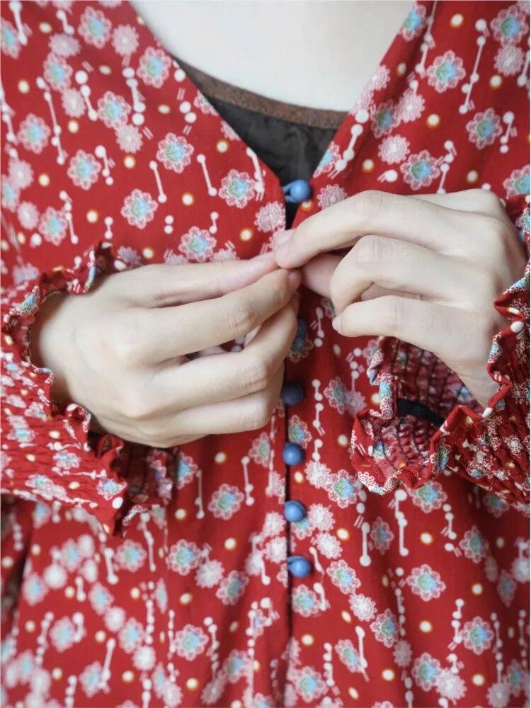 Johnature Kadın Baskı Çiçek Kırmızı Yarasa Kollu Elbise Vintage Pamuk Uzun Elbiseler Sonbahar Düğme Gevşek Kadın Uzun Elbiseler