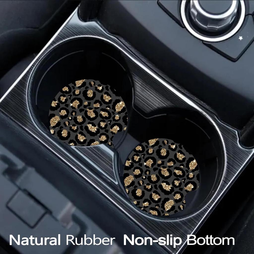 Car Coasters for Cup Holders, 2 Pack Anti Slip Universal Rubber Car Cup Coaster for Women Men, Car Interior Accessories - Black Gold Leopard Print