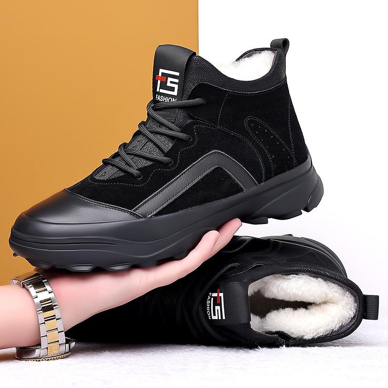 

Wool fur integrated leather men s cotton shoes winter thickened velvet warm leather boots outdoor mountaineering high-top boots tide 38
