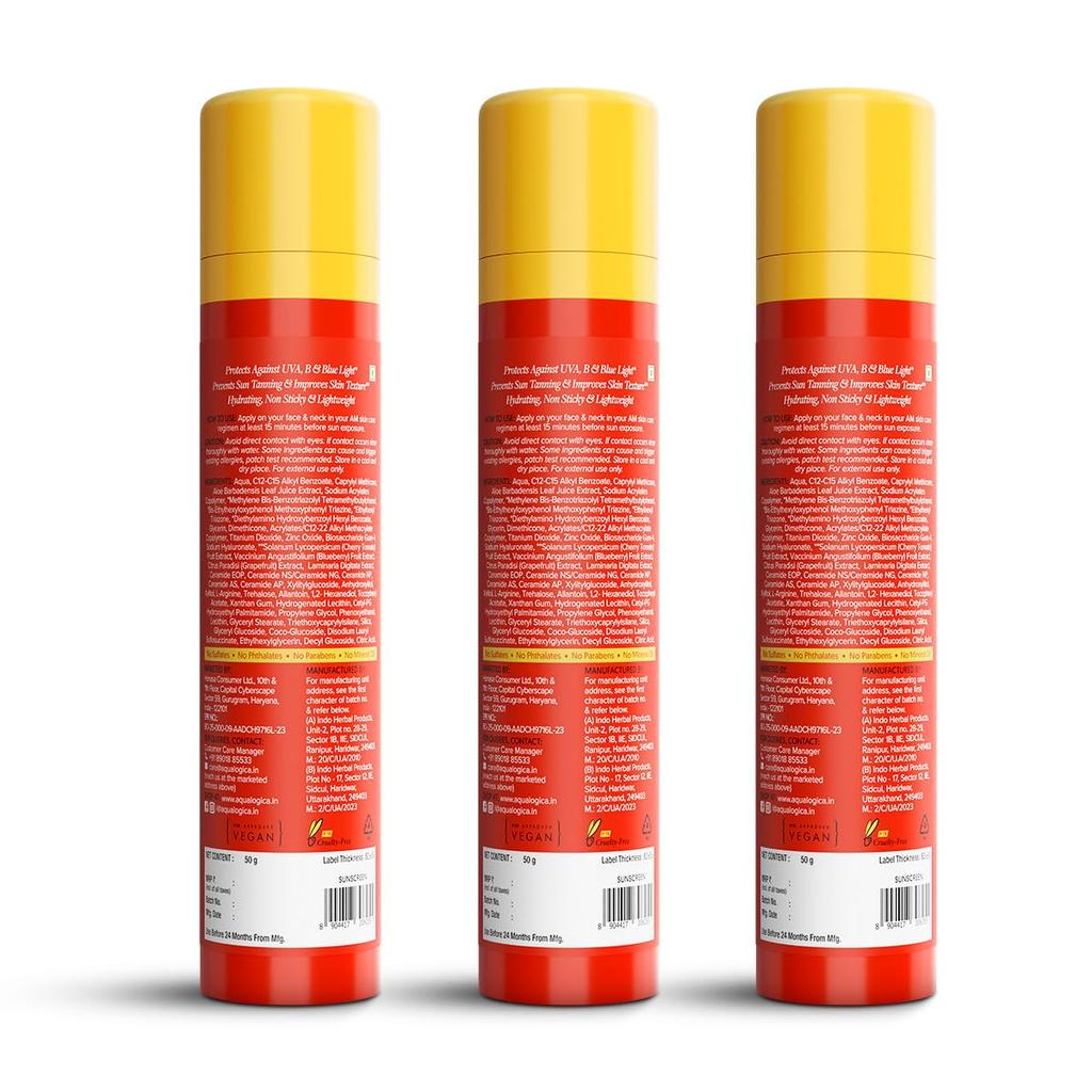 Aqualogica Detan+ Dewy Lightweight Sunscreen SPF 50+ PA++++ for Tan Removal & All Skin Types - 50g Pack of 3