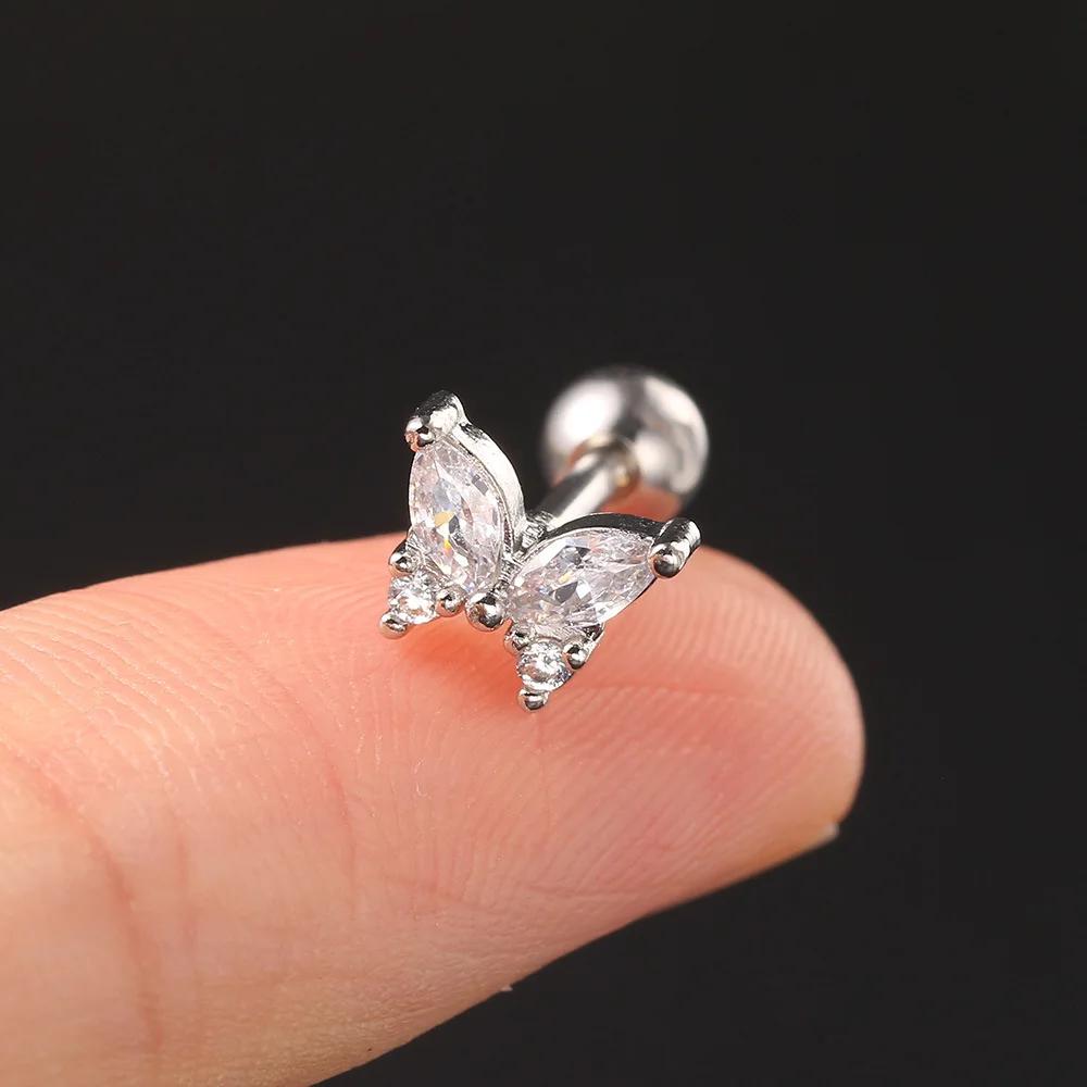 Zircon piercing piercing bone nails Butterfly flower earrings Titanium steel screws screw stud earrings Zircon