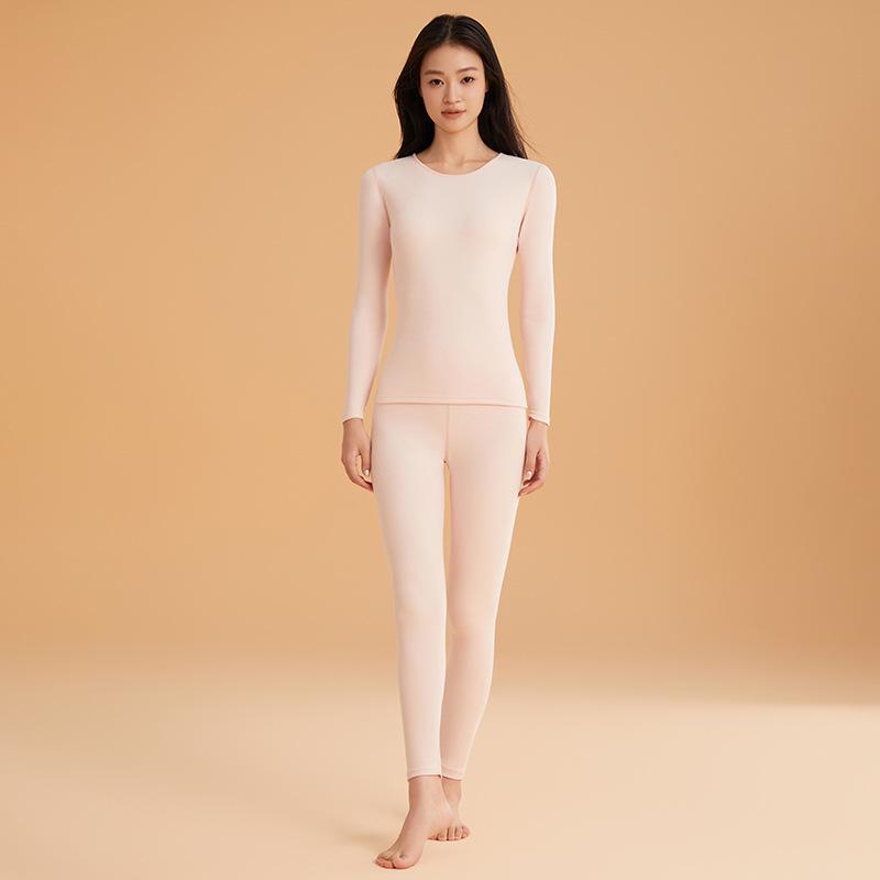 Women's Thermal Down Skincare Underwear Set - Autumn/Winter Round Neck Top & Bottom for Couples