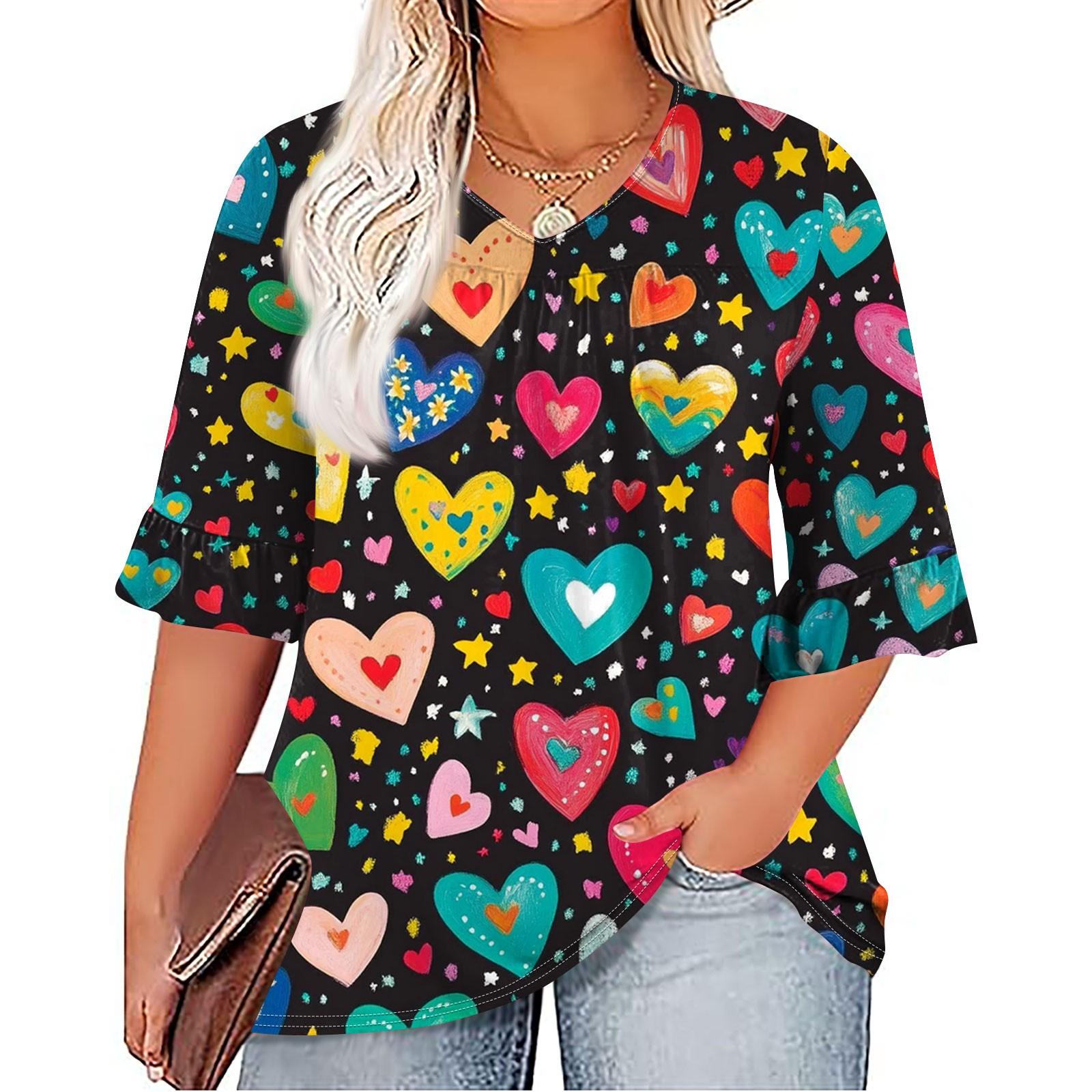 

Женская мода, повседневная плиссированная футболка с v-образным вырезом и принтом, семиминутная футболка с рюшами и рукавами, топы больших размеров XXXL