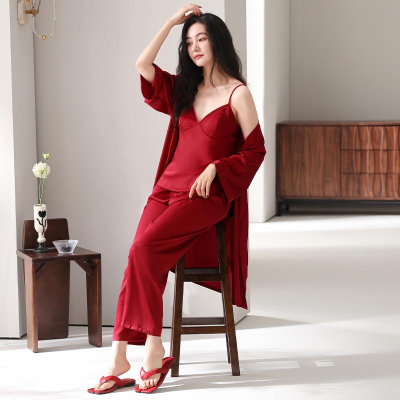 Couple pajamas spring and summer long-sleeved ice silk wedding nightgown red natal year morning gown with chest pad three-piece set