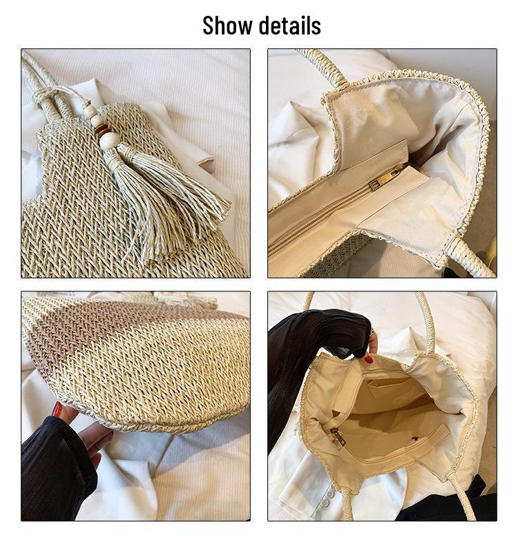 2025 Summer Women's Large Capacity Chinese Style Tassel Straw Shoulder Bag