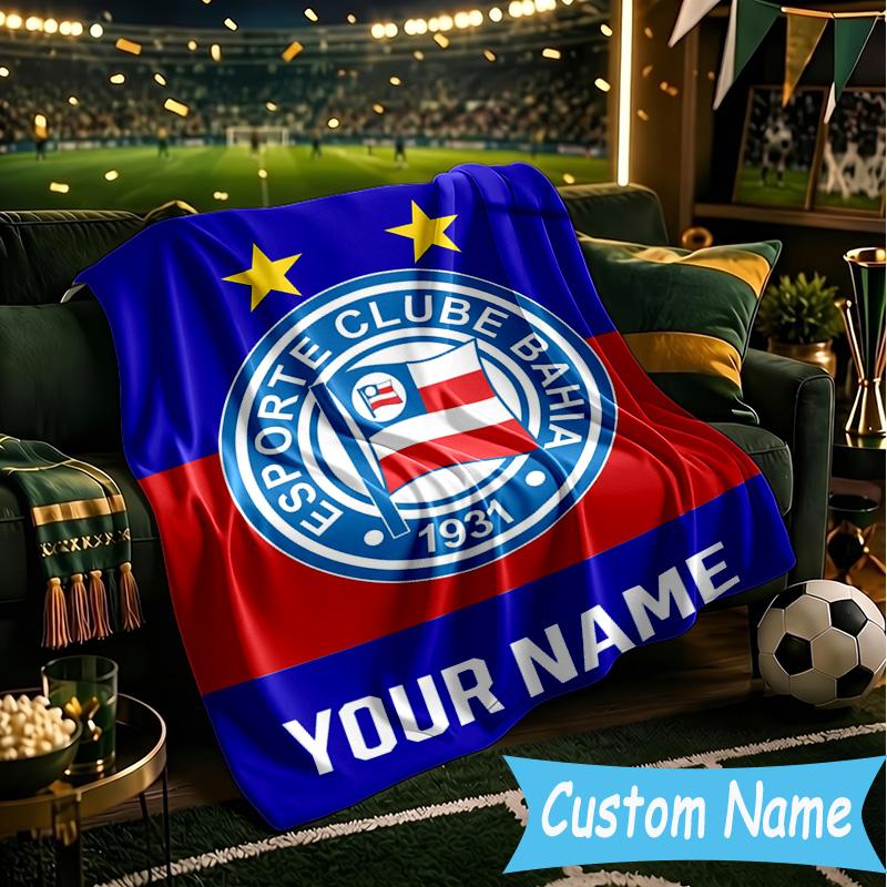 Custom Name Bahia Fc Crest Design Flannel Blanket, Use for Birthday/Holiday Gift, Soft Blanket for Sofa/Bed/Camping/Office, Home Decor