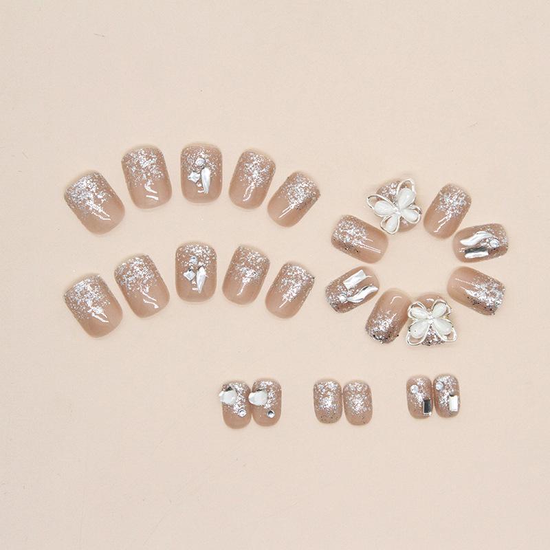 Short Square Diamond Nail Art Giant Diamond Butterfly Water Drop Diamond Wearing Nail Fake Nail Flash Champagne Nail Piece