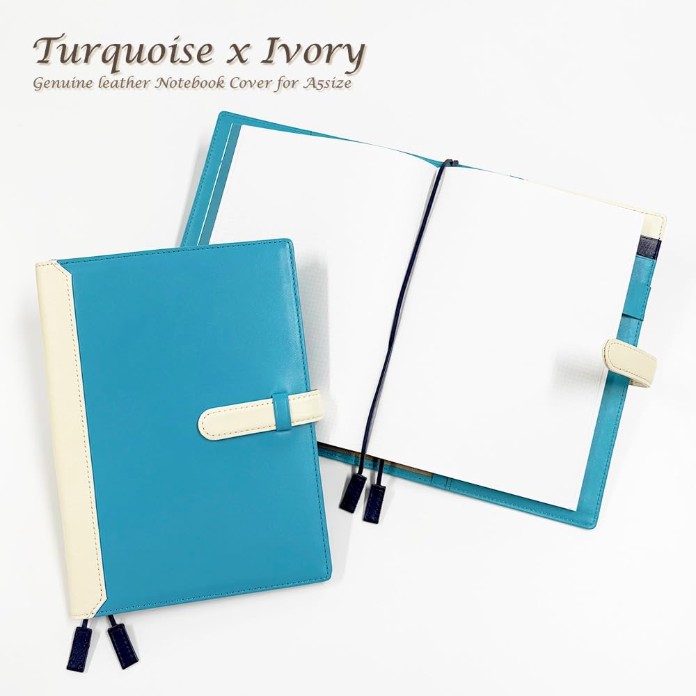 Notebook Cover A5 Size with Made of Genuine Cowhide Bicolor Name Turquoise X (Seal Al) Belt, Leather, (no Engraving, 10. Ivory)