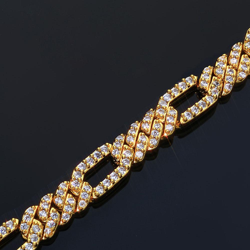 New Arrival 7mm Figaro Link Chain Cuban Style Iced Out Cubic Zirconia Necklace Brass+Zircon&Bracelet 7 inch(17.78cm) золотой