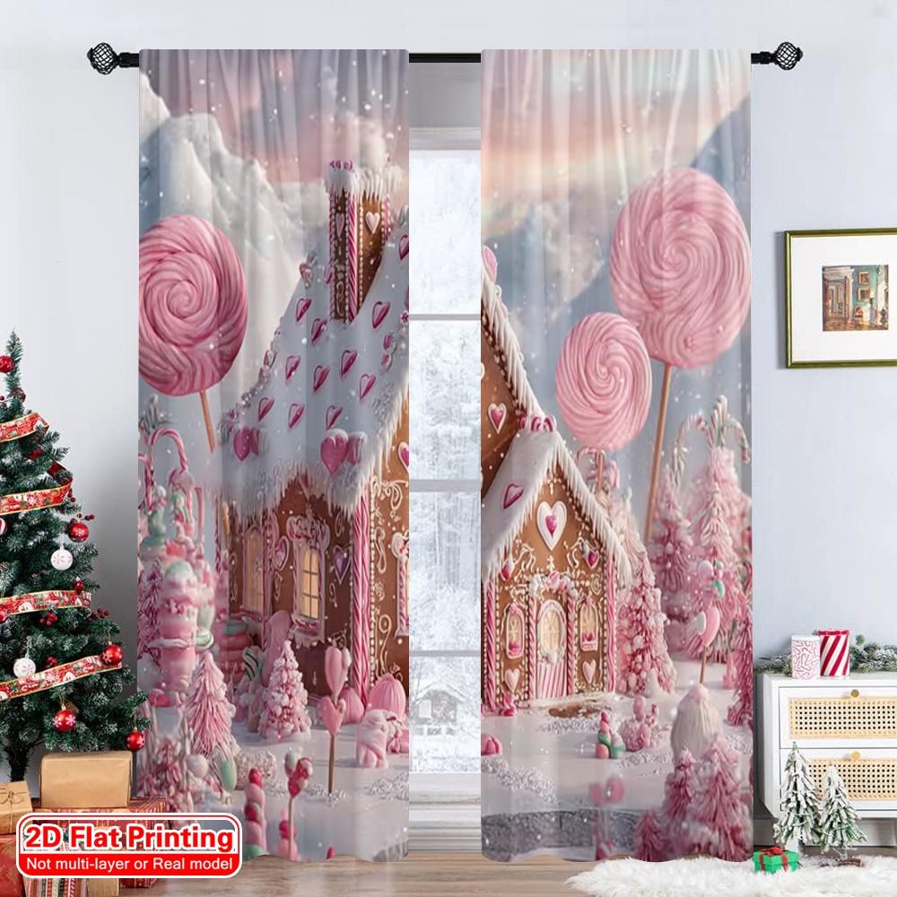 2Pcs 2D Flat Printing Fashionable Christmas Curtains Gingerbread Candy Cane_ Cute Pink Brown Digital Printed Polyester Drapes