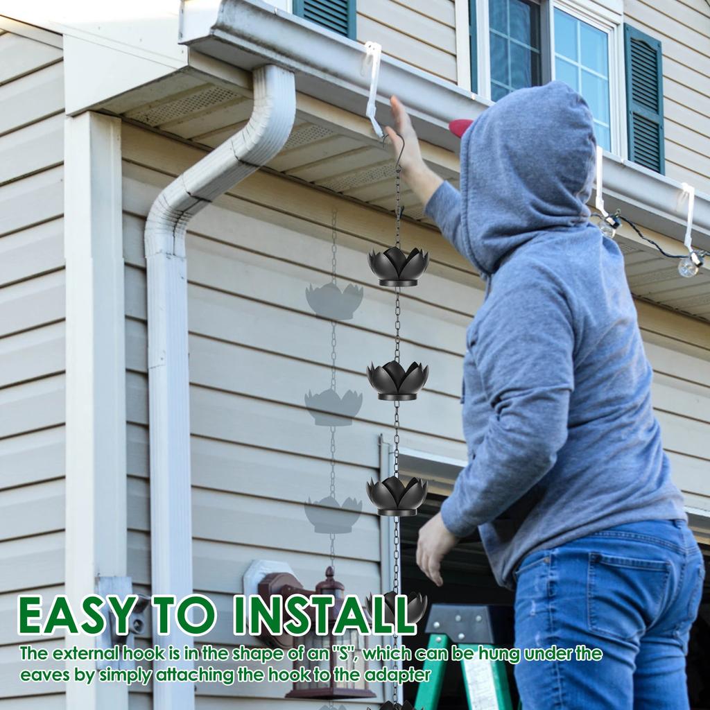 Rain Catcher Chain Metal Imitation Water Lily Rain Chain with Hook Adjustable Length Rain Chain Cup for Gutter Downspout Outdoor