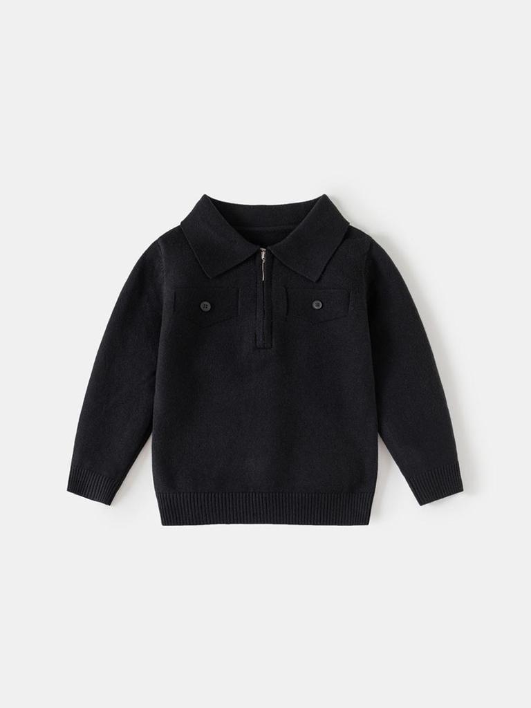 Boys' Classic Lapel Knit Top - Plain Half-Zip Jacket for Children