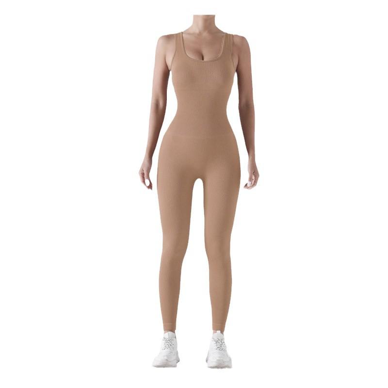Seamless Ribbed Knit Jumpsuit with Chest Pad for Yoga and Fitness