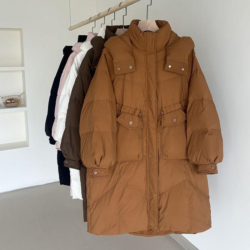 High-End Damen Kapuzen-Langdaunenjacke - Koreanischer Stil, Dick, Oversized, Tailliert, Überknie-Mantel mit Weißenten-Daunen.