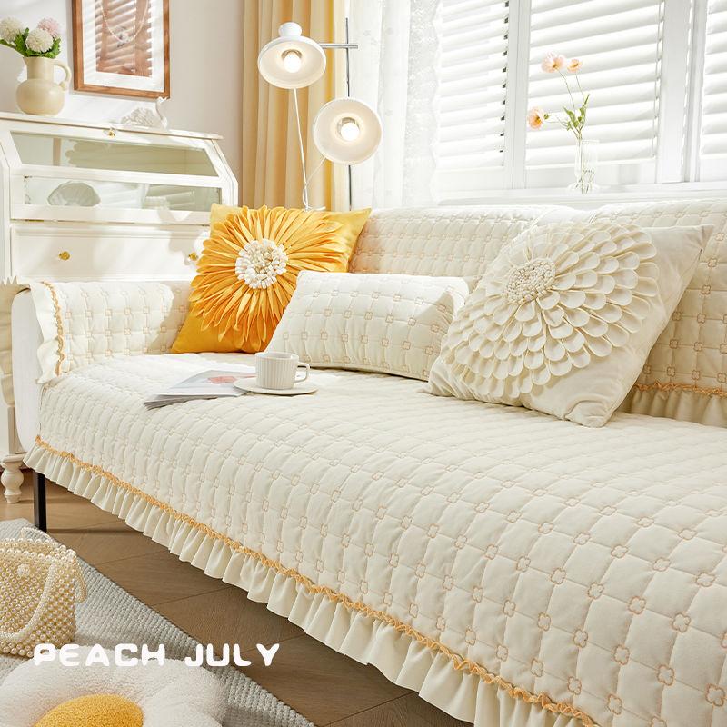 French Pleated Edge Short Plush Sofa Cushion Seasonal Universal Plush Solid Color Sofa Cover Winter Anti Slip Wear-resistant L-shaped Sofa Towel