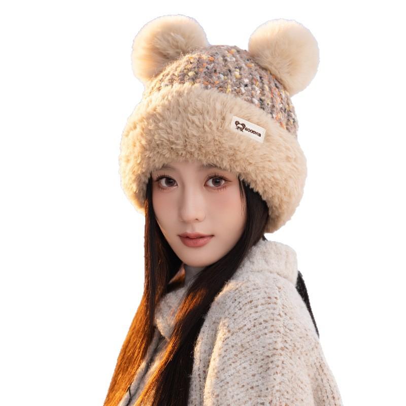Korean Version of Autumn and Winter Hat for Women's Cute Ear Big Head Wool Hat Fashionable and Versatile Plus Velvet Warm Knitted Hat
