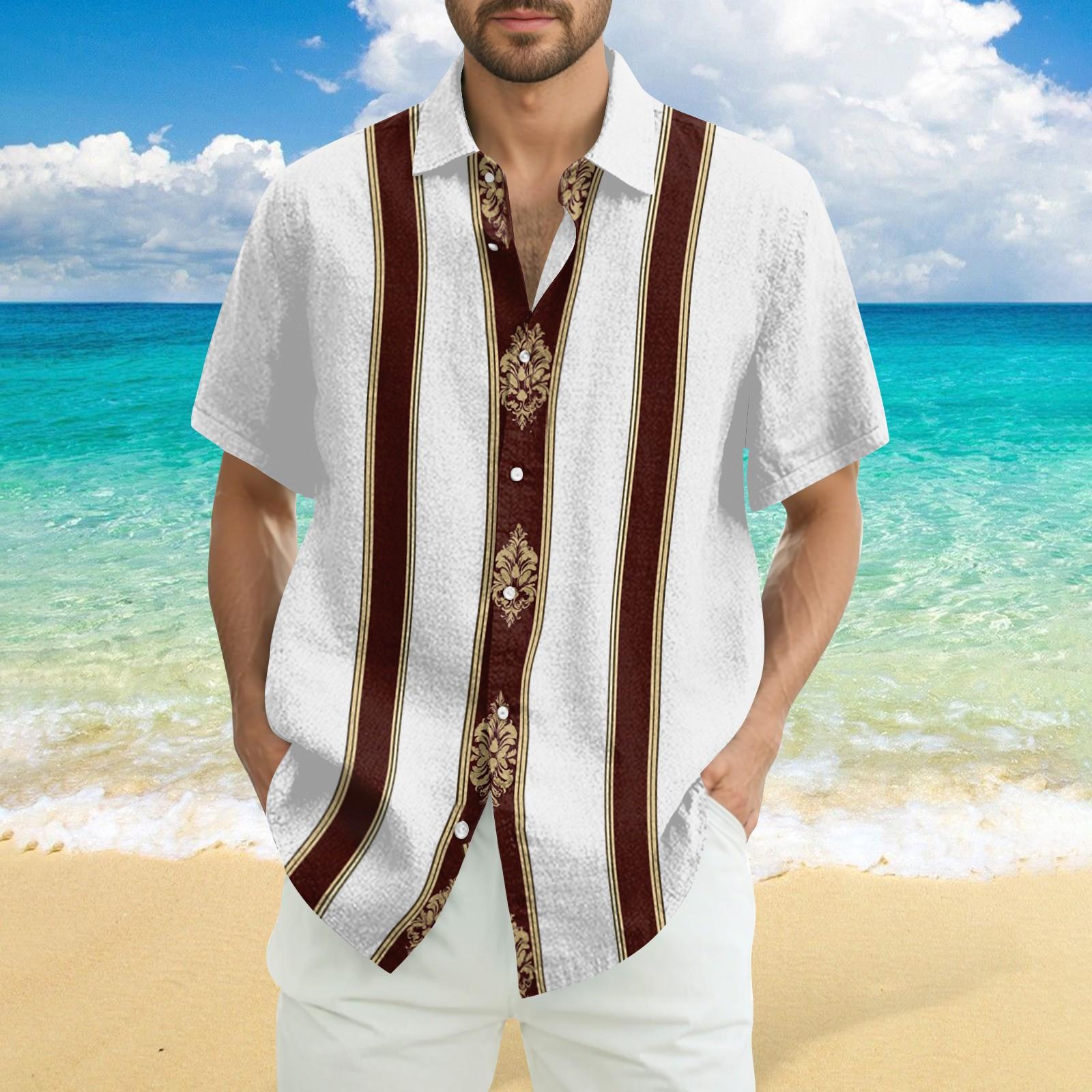 

Men s Fashionable Casual Loose Striped Printed Beach Short-sleeved Shirt M белый