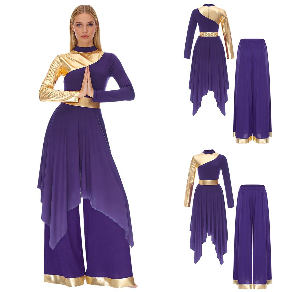 S-XXL Womens Worship Praise Dance Costume Long Sleeve Asymmetrical Hem Dress and Wide Leg Pants Contrast Color Dancewear Outfits