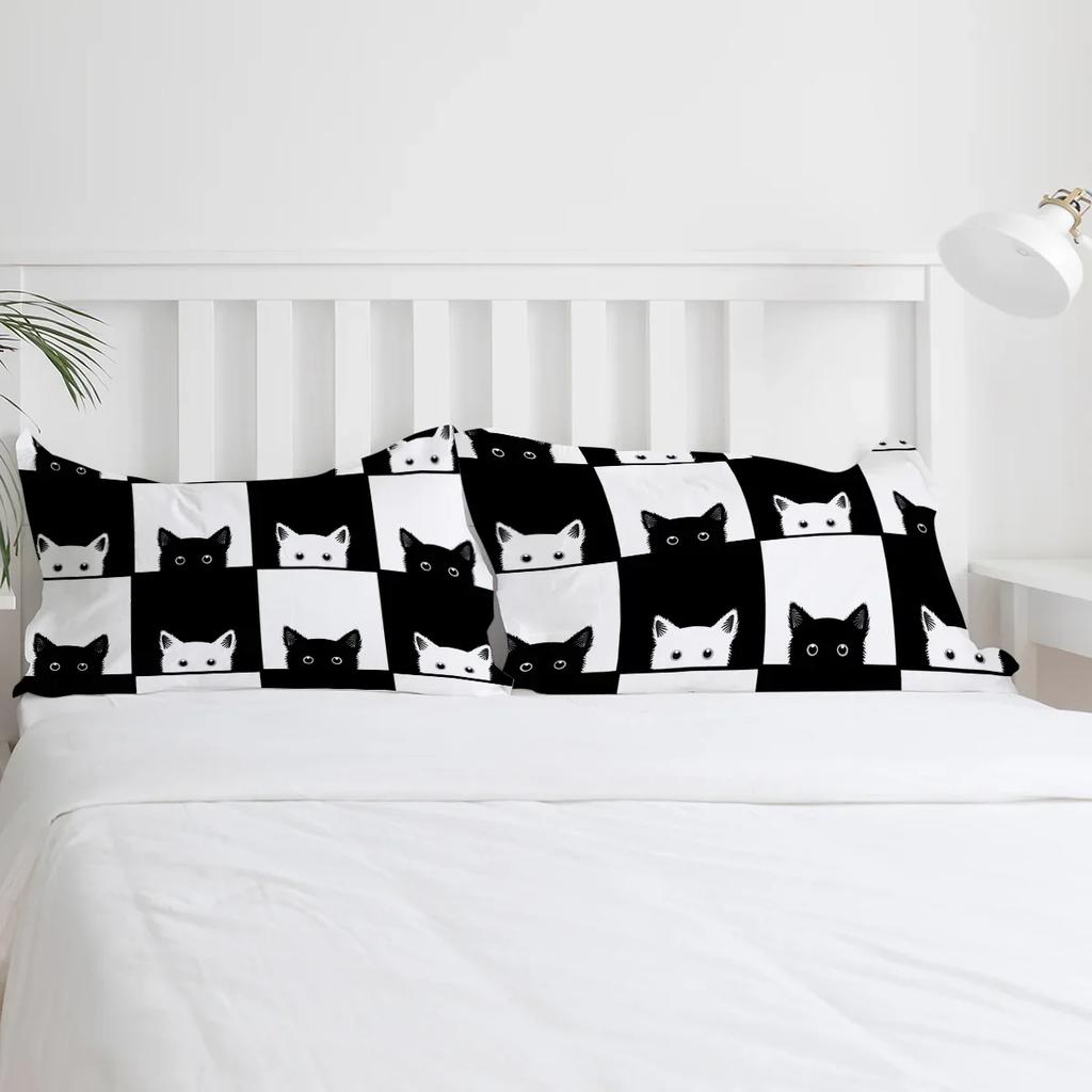 Geometic Black White Plaid Cat Duvet Cover With Pillow Case Custom 3pcs Bedding Set Quilt Cover Double Bed Home Textile