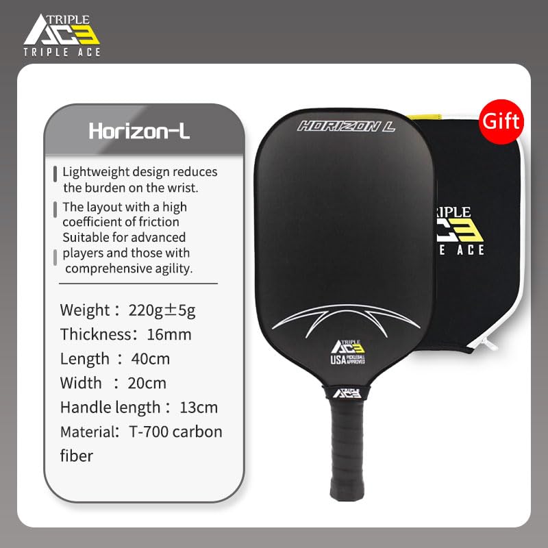 Triple Ace Pickleball Paddle USAPA Certified T-700 Carbon Fiber Carbon 220g Light Weight Enhanced Friction Performance Non-Slip Sweat Absorbent Grip