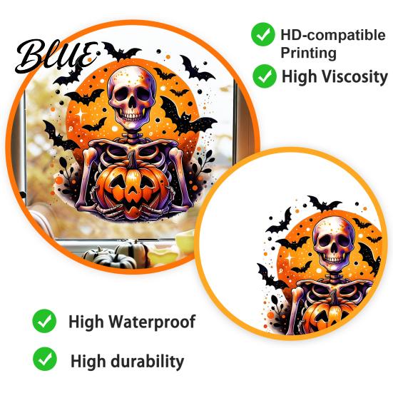 Waterproof Holiday Glass Stickers Halloween Static Window Clings Watercolor Pumpkin Ghost Skull Decals No Spooky Decals for Party Glue Living