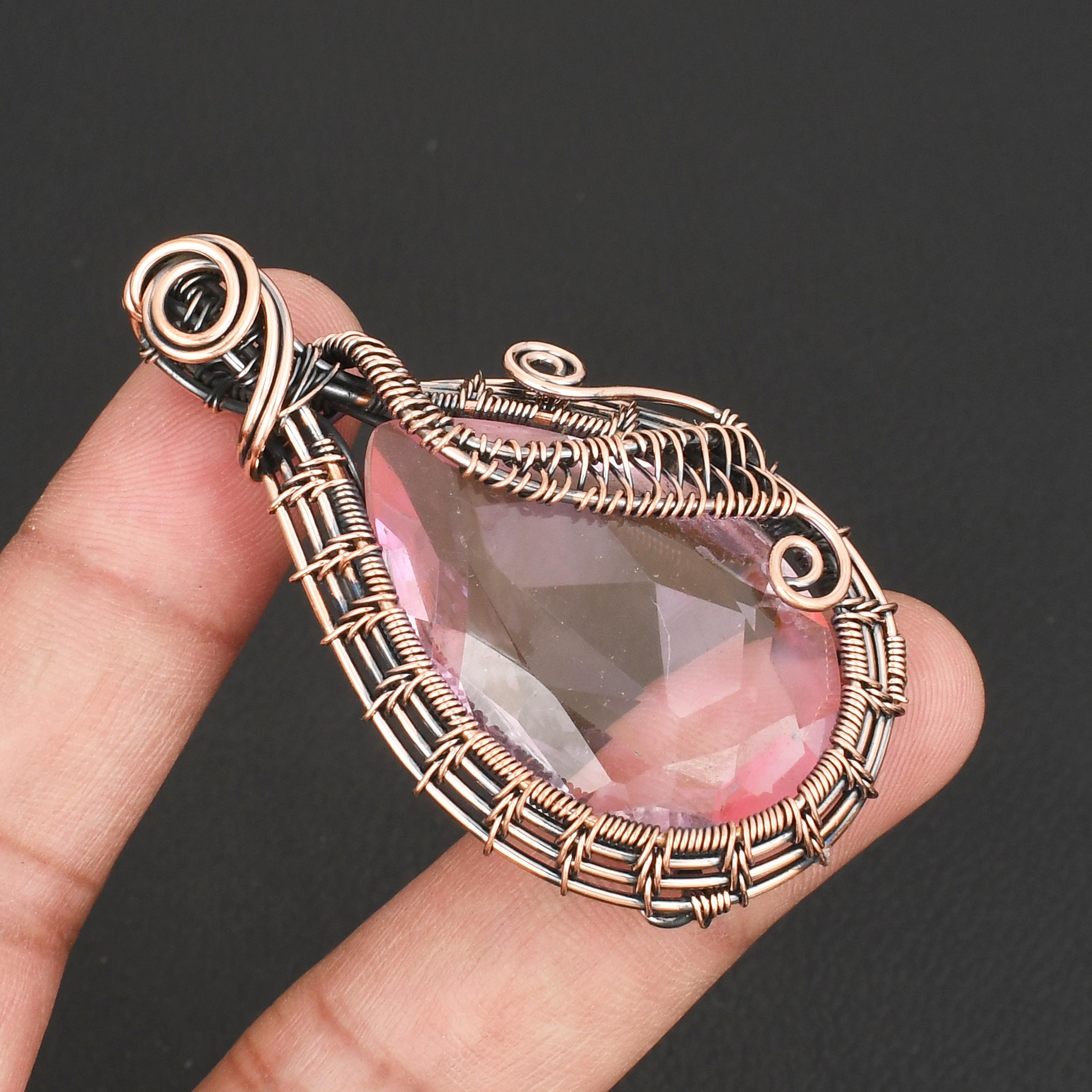 

Exquisite Hand Woven Copper Tree of Life Style Pendant Faceted Pink Topaz GemStone Pendant Charm Unique Anniversary Gift