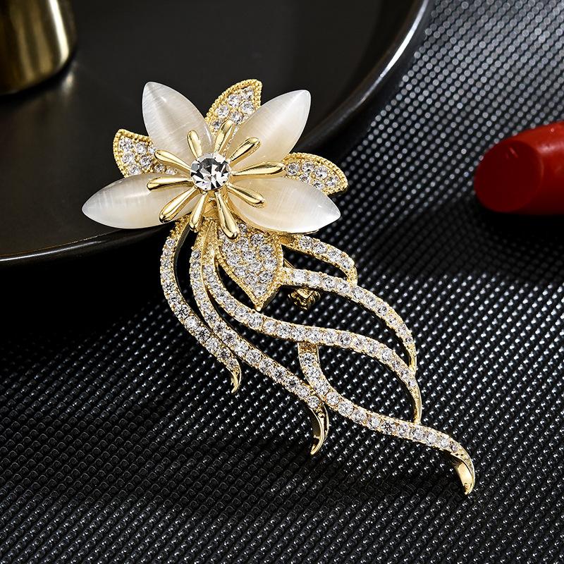 Elegant Zircon Cat s Eye Flower Brooch Minimalist Orchid Lapel Pin for Coats