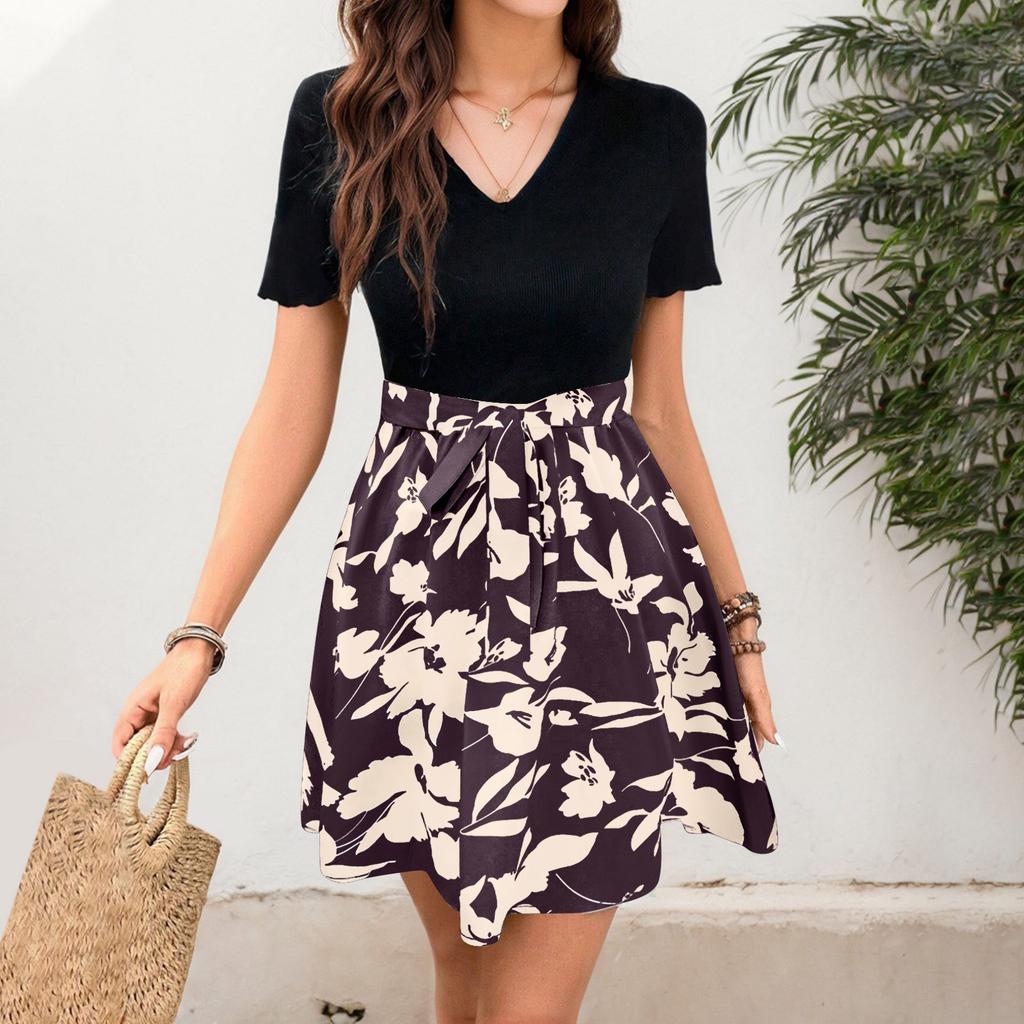 Women's Summer Casual V-neck Dress, Bohemian Floral A-line Dress