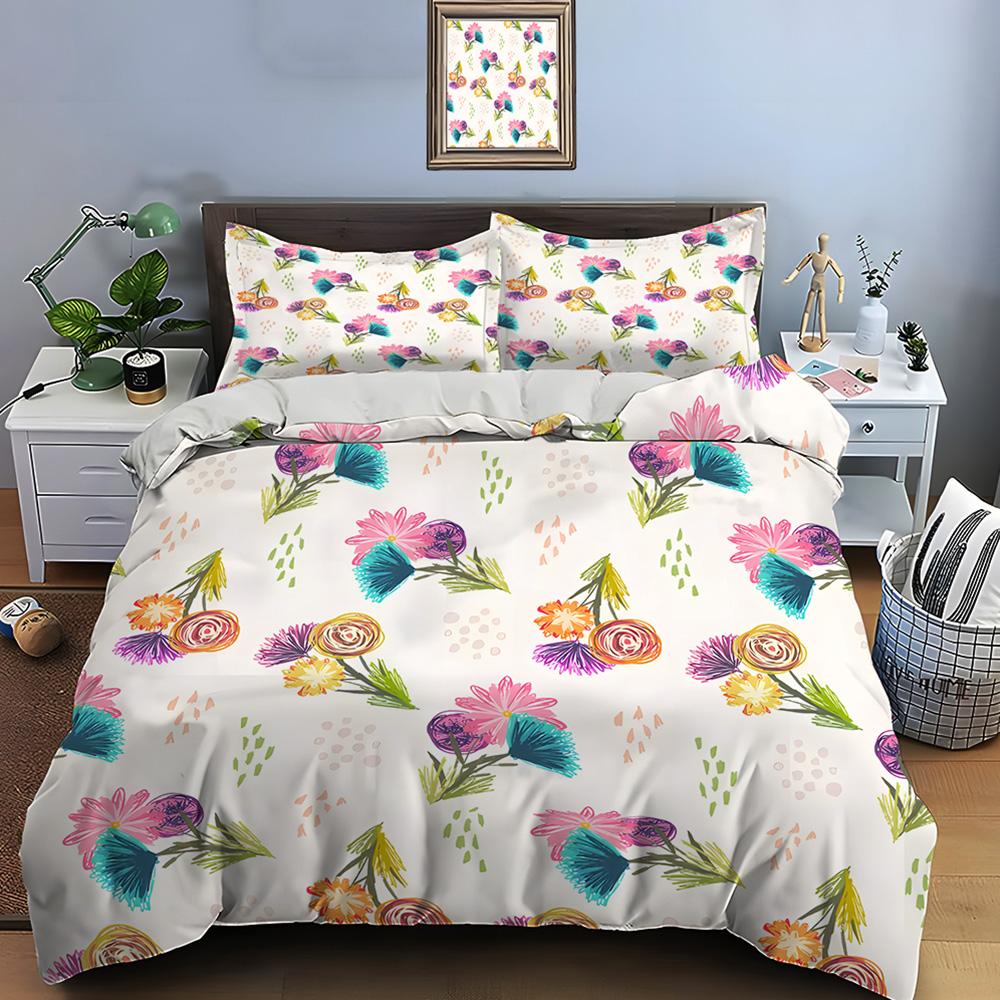 Hand-Drawn Colorful Floral Pattern Print Bedding Set 1 Duvet Cover 2 Pillowcases For Adult And Children Luxury Gift Full Size