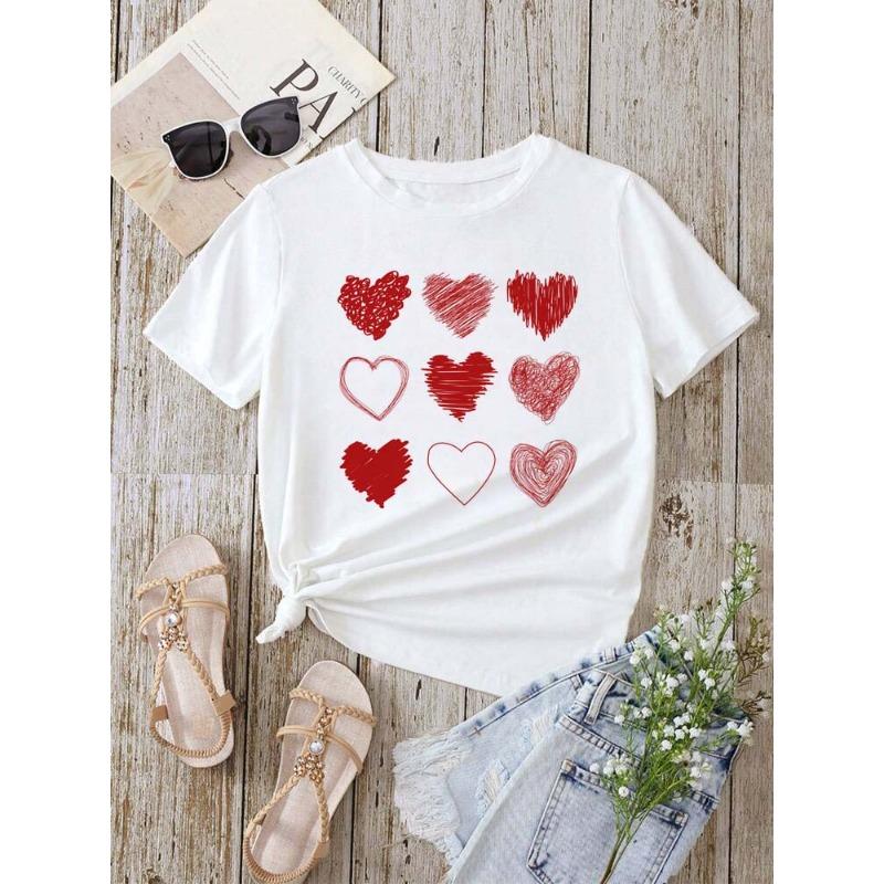 Red Heart Printed Women T-Shirts Fashion Streetwear Short Sleeve Tee Clothing Casual Soft Women Tops Valentine's Day T-shirt