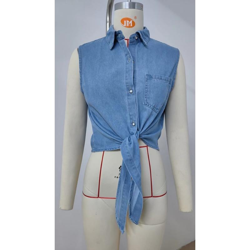 Summer Fashion Thin Sleeveless Denim Shirt Lace-up Elegant Women Lapel Pocket Summer Short Top Slim Fit Casual Simple Loose Office Women's Clothing