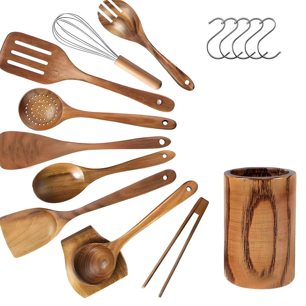 Teak Non-Stick Long-Handle Solid Wood Pan and Acacia Wood Kitchenware Set